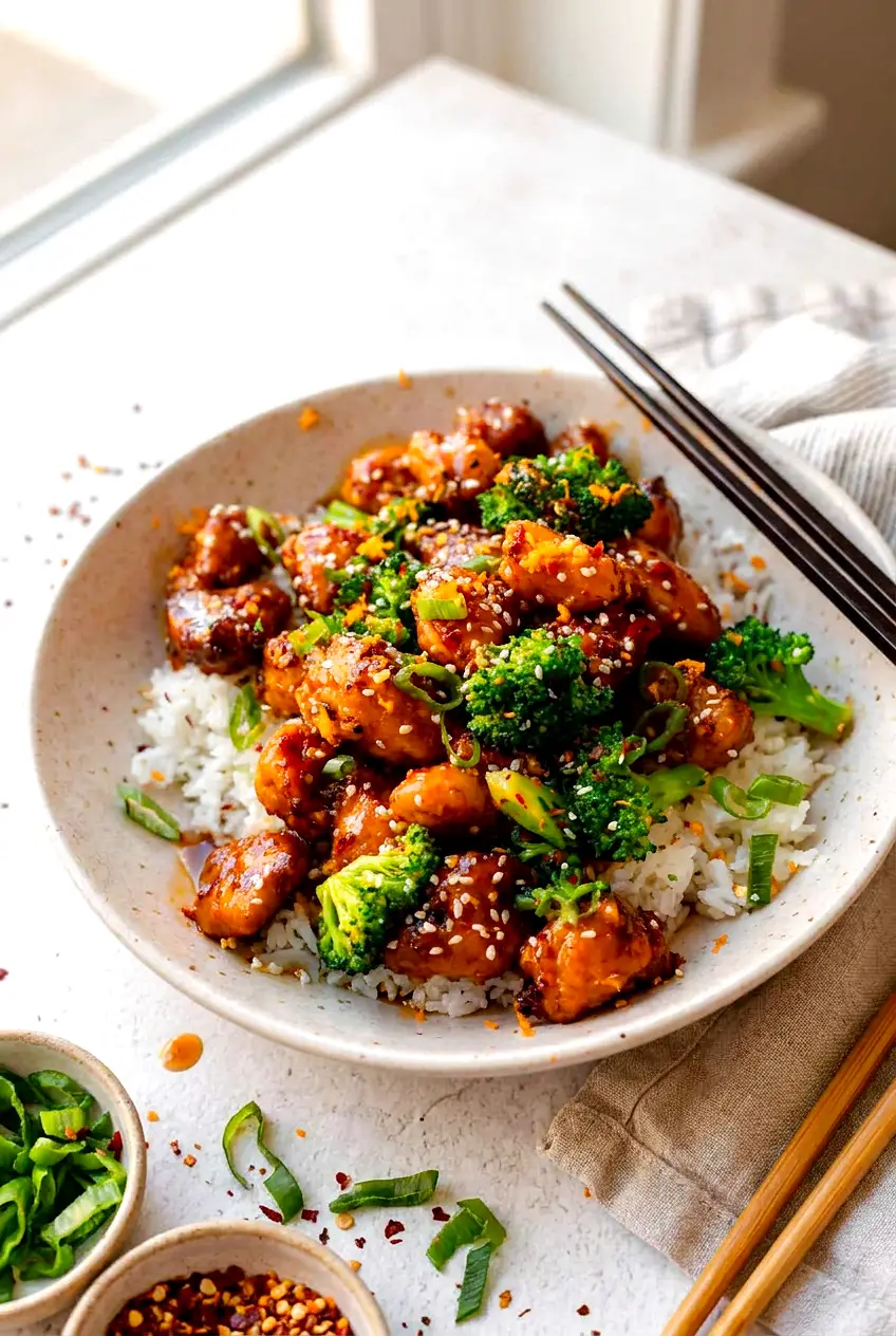Air fryer orange chicken served in a bowl with broccoli and glossy orange sauce