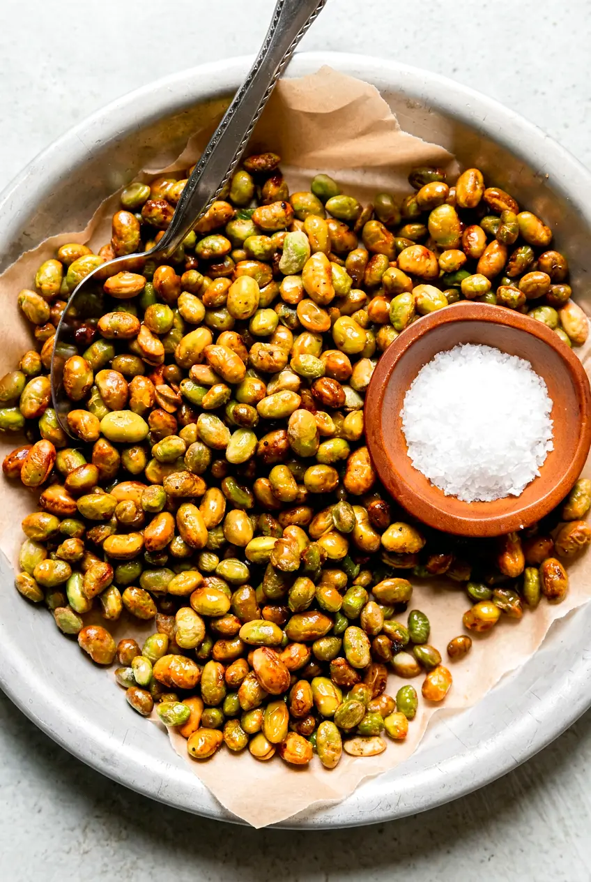 Air fryer edamame served in a shallow paper-lined dish with lightly browned edges and flaky salt on the side.