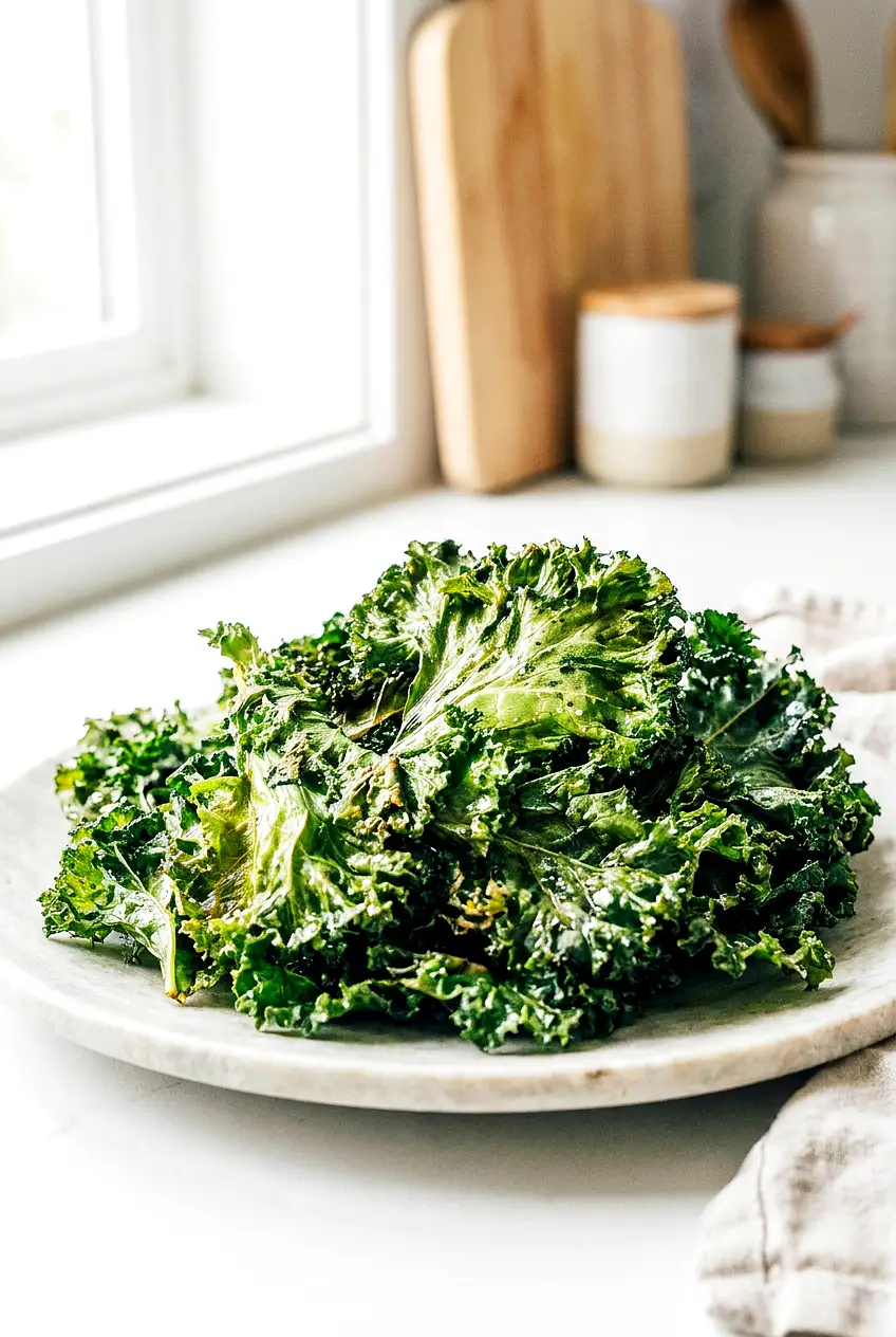 Air fryer kale chips piled on a plate, crisp and lightly browned with simple seasoning