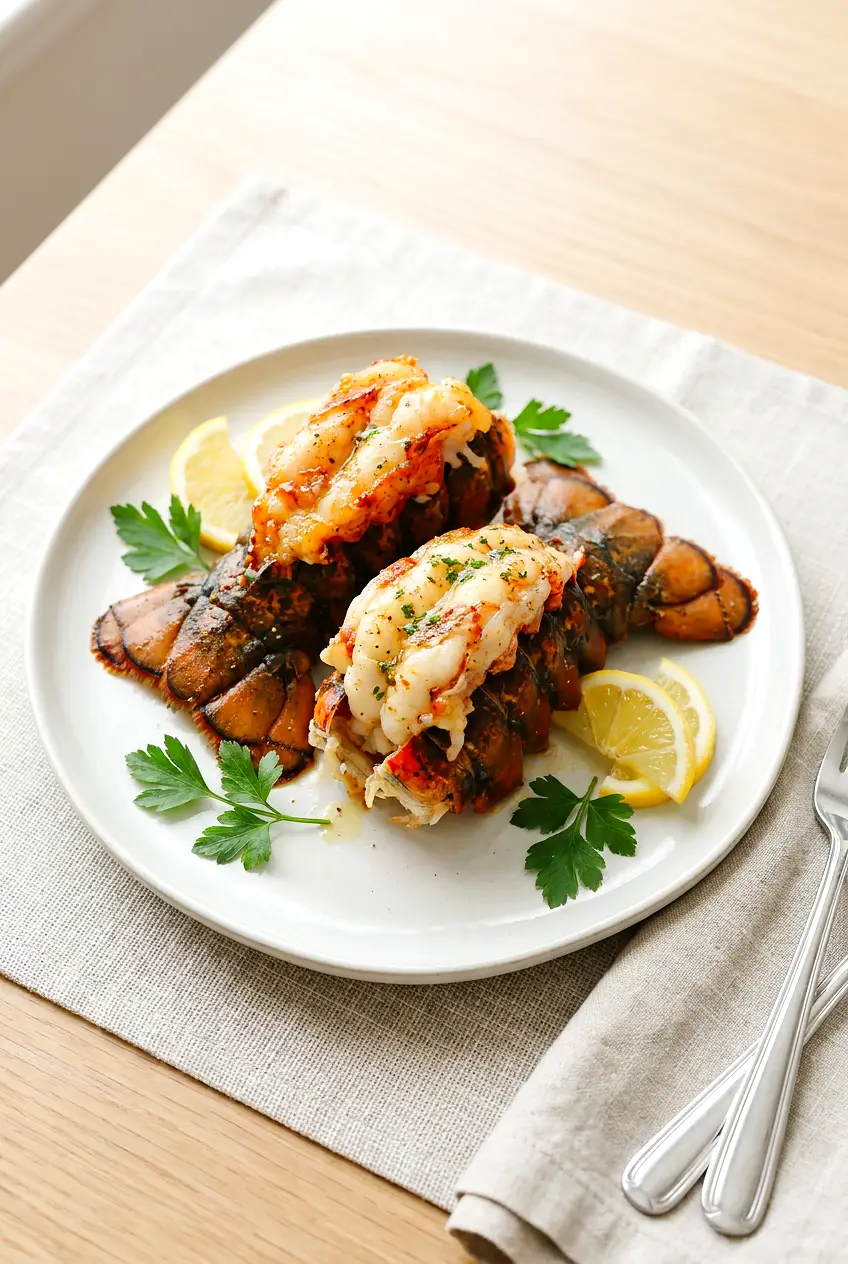 Air fryer lobster tails plated with garlic herb butter and lemon wedges