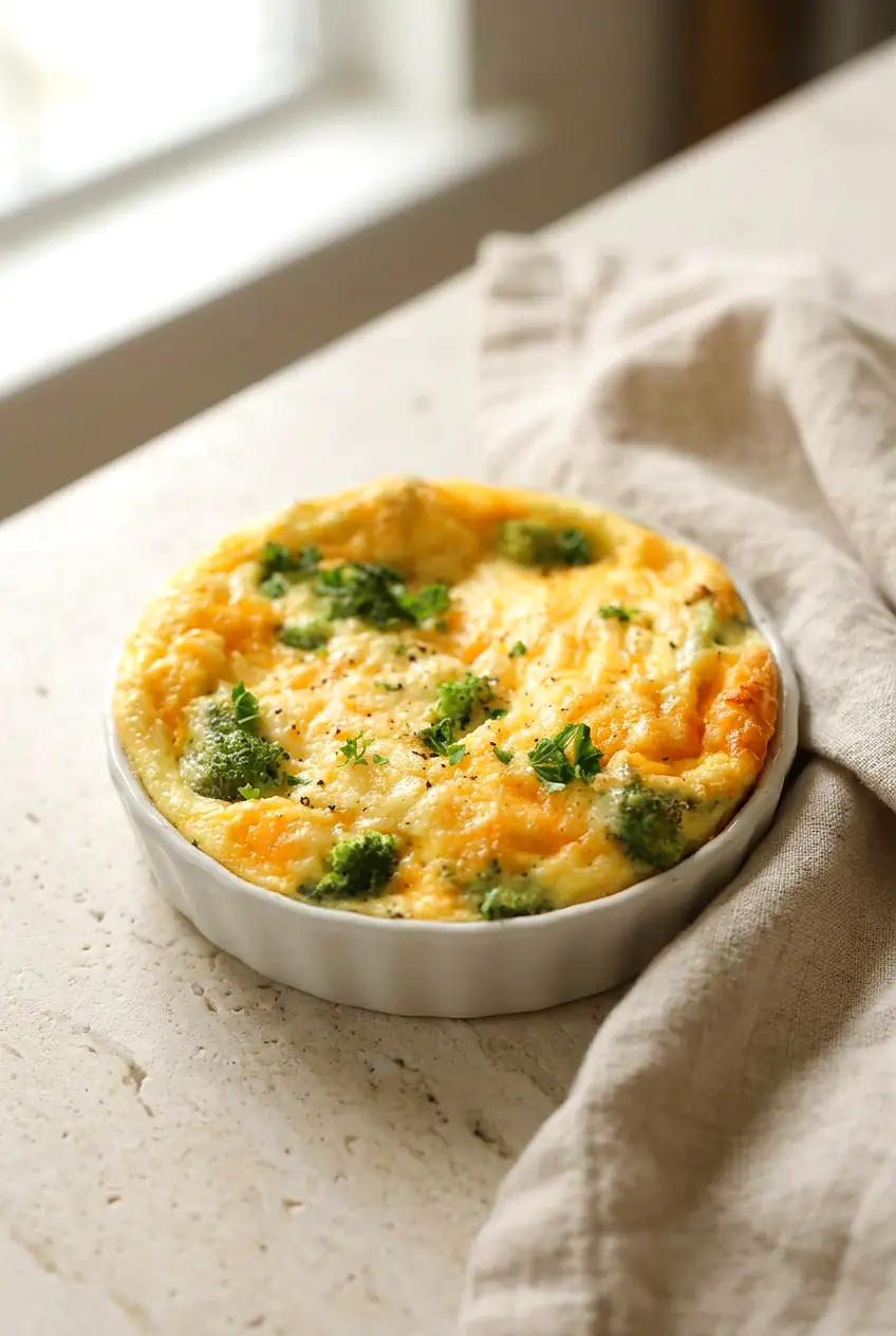 Air fryer quiche with broccoli and cheddar, served in a small dish with a lightly golden top