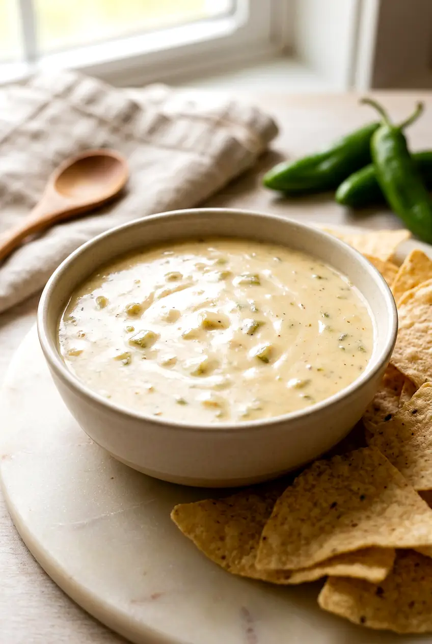 Air fryer queso dip served in a small bowl with a creamy melted cheese texture and green chile bits