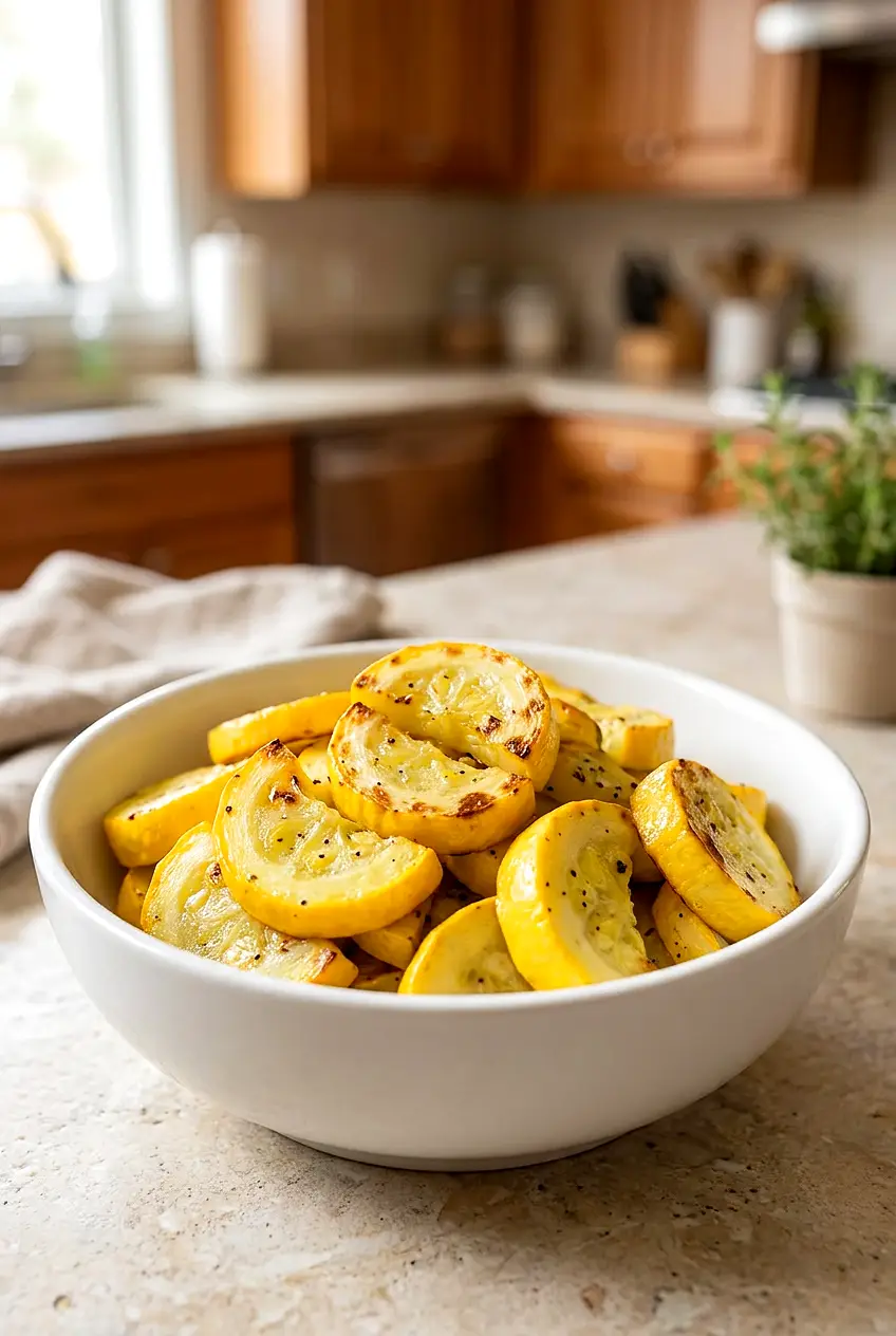 Air fryer yellow squash served in a white bowl with lightly browned edges and simple seasoning.