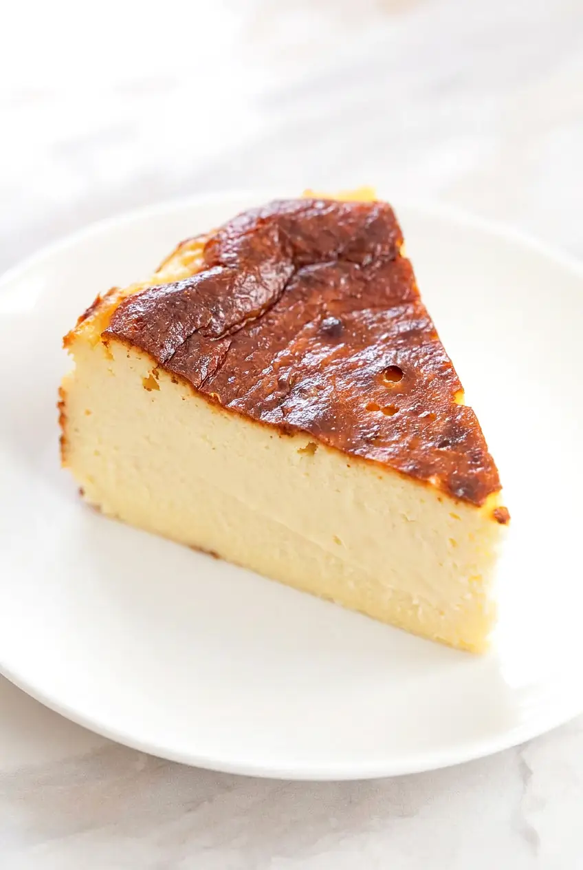 Slice of air fryer yogurt cake on a white plate with a creamy center
