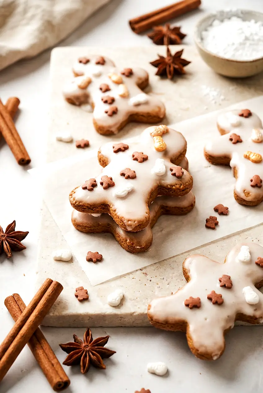 Air fryer Christmas cookies with vanilla icing and holiday sprinkles on parchment, styled for serving