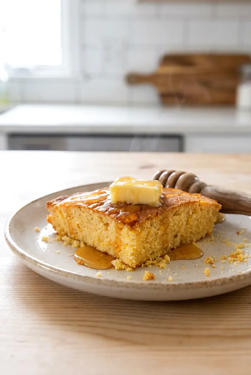 Air fryer cornbread on a plate with butter and a honey drizzle