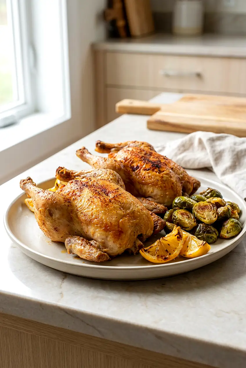 Air fryer Cornish hens plated with roasted Brussels sprouts and lemon wedges