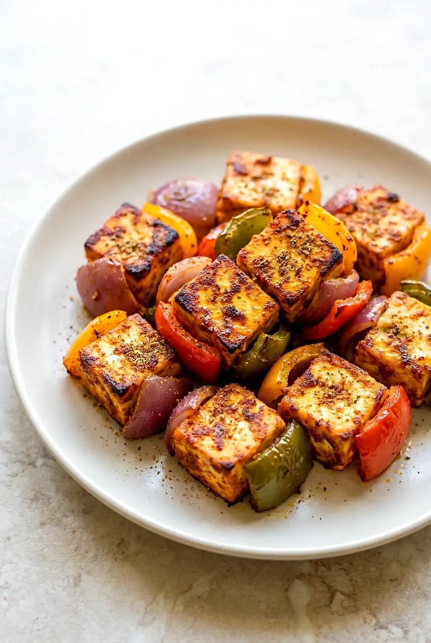 Air fryer paneer tikka served on a plate with browned paneer cubes, peppers, and red onions