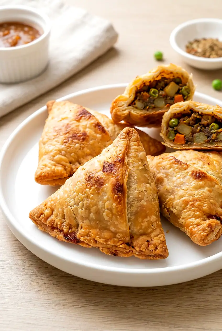 Air fryer samosas on a white plate, one cut in half to show the spiced potato filling.