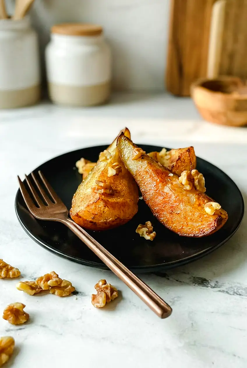 Air fryer pears with cinnamon served on a black plate topped with walnuts.