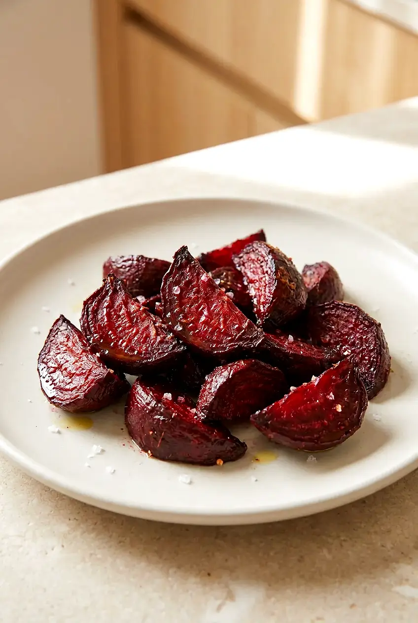 Air fryer beets served on a plate with lightly browned edges