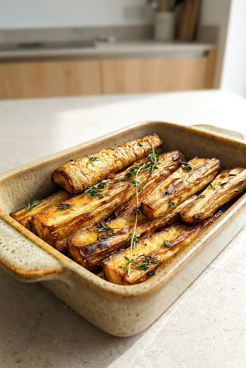 Air fryer parsnips in a serving dish topped with fresh herbs