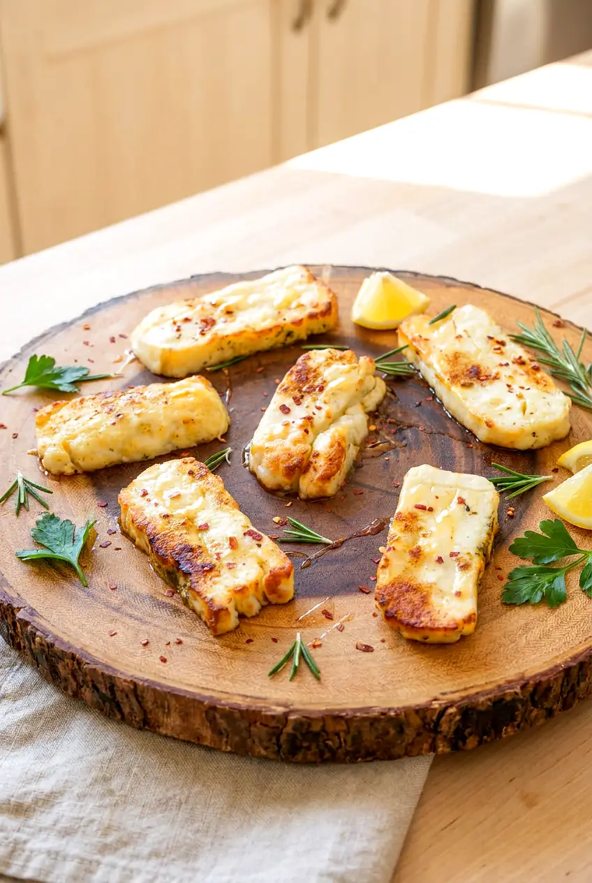 Air fryer halloumi slices on a wooden cutting board with golden edges and a light honey drizzle
