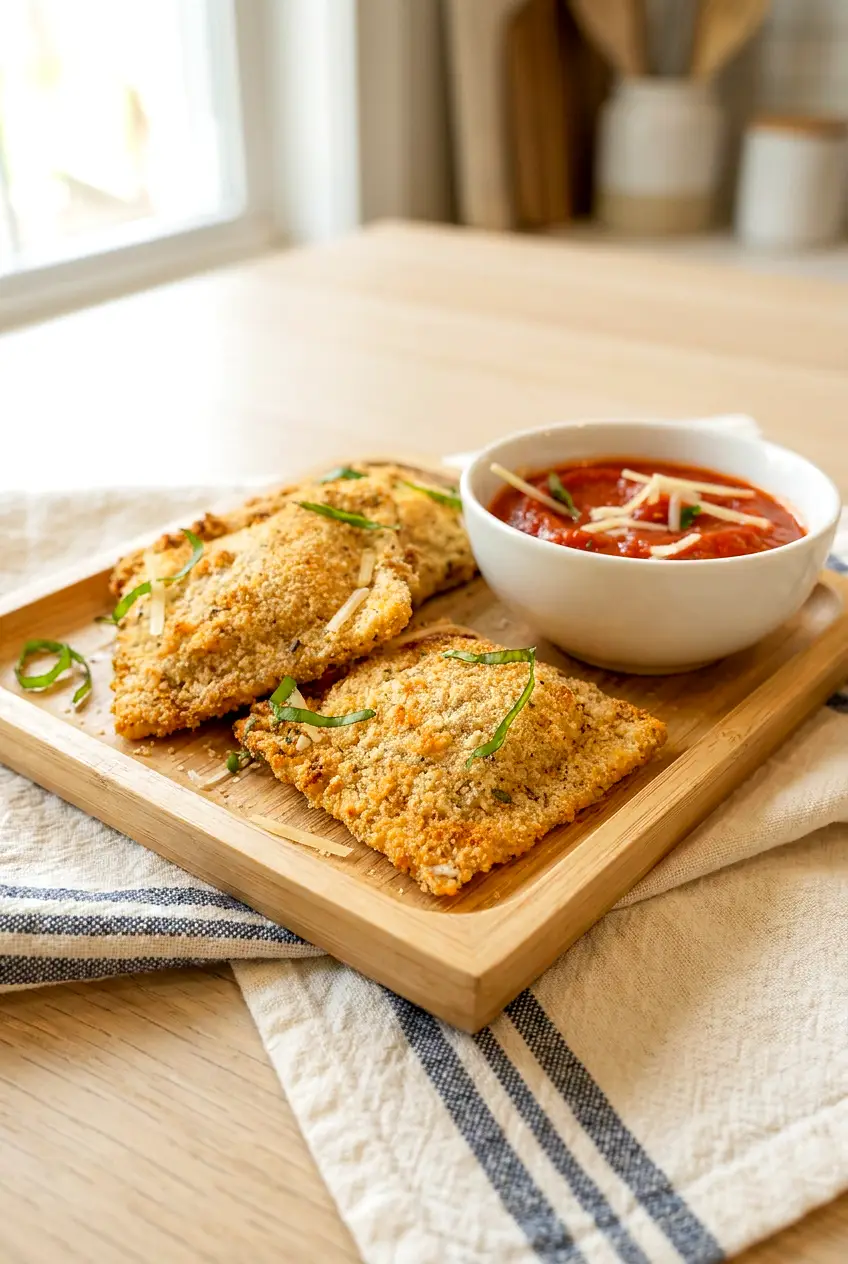 Air fryer toasted ravioli served on a wood tray with marinara sauce for dipping
