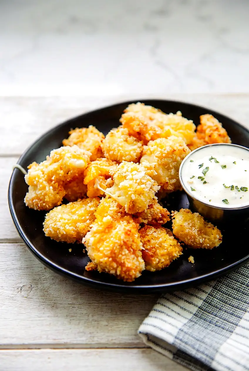Air fryer cheese curds served on a plate with golden crispy coating and warm melty centers