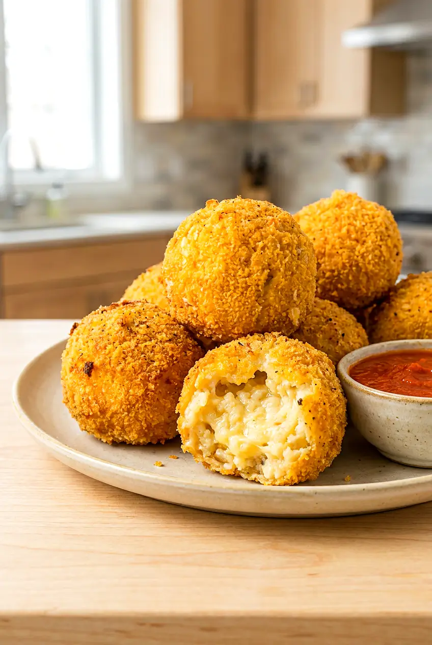 Air fryer arancini served on a plate with marinara dip and a crisp golden coating