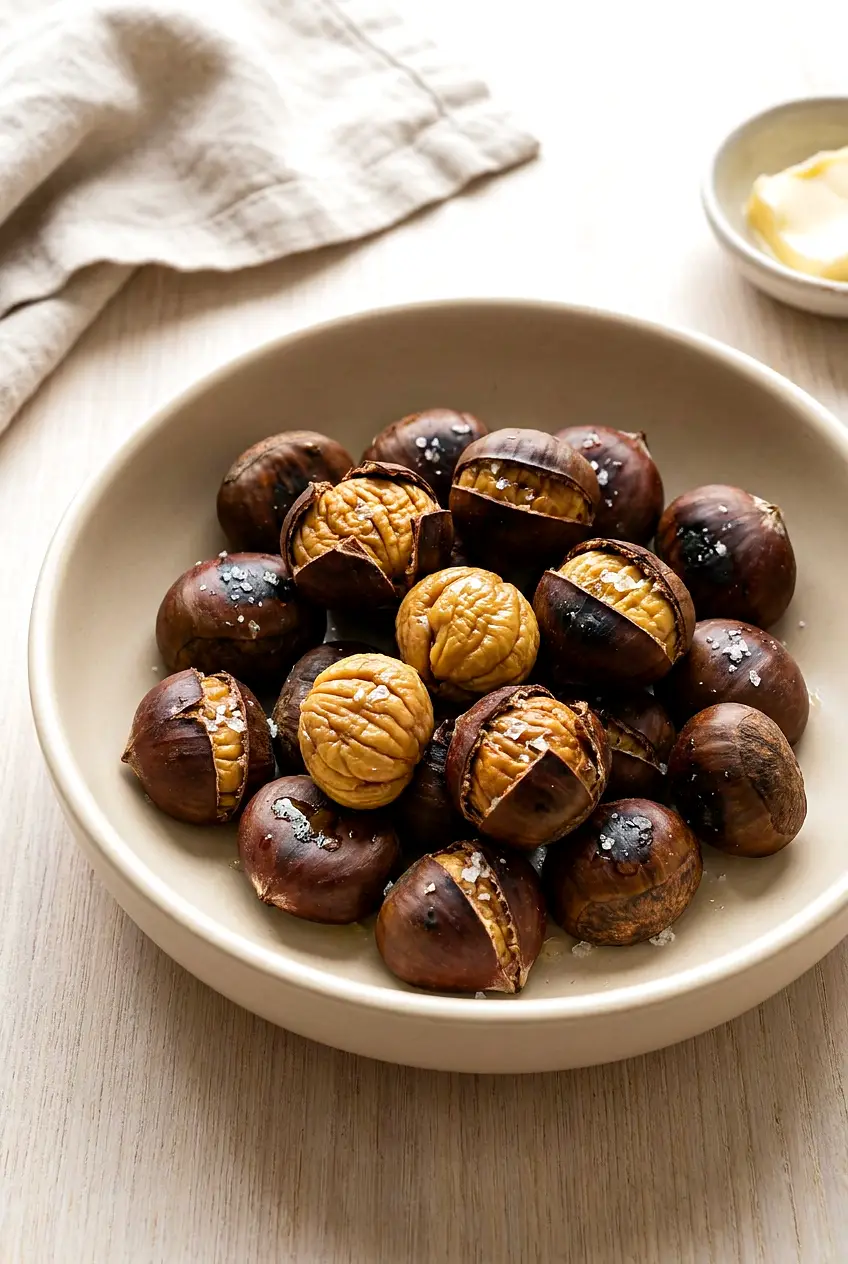 Air fryer chestnuts served warm on a plate with split shells and a simple buttery finish