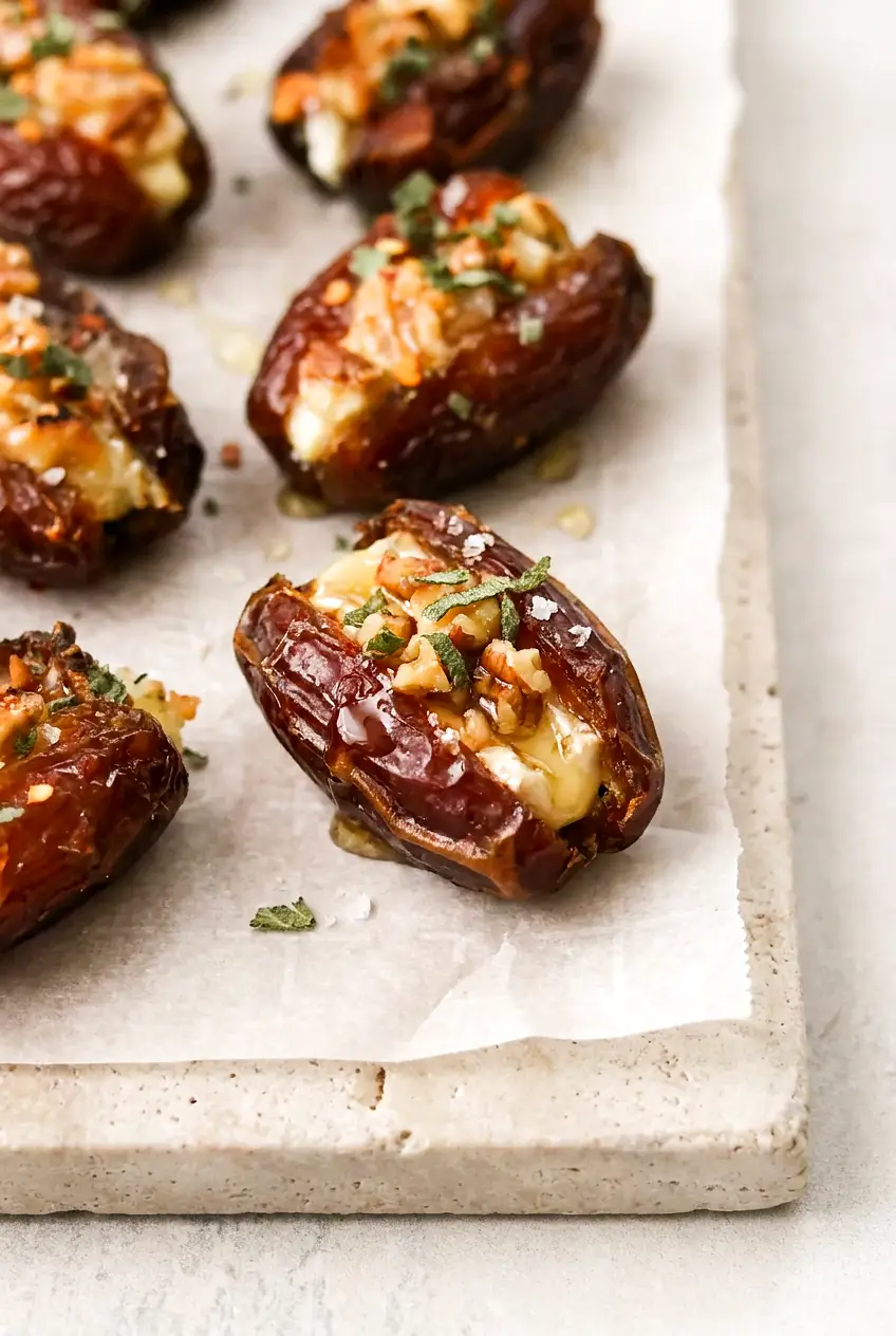 Air fryer stuffed dates on parchment, topped with honey, flaky salt, and sage
