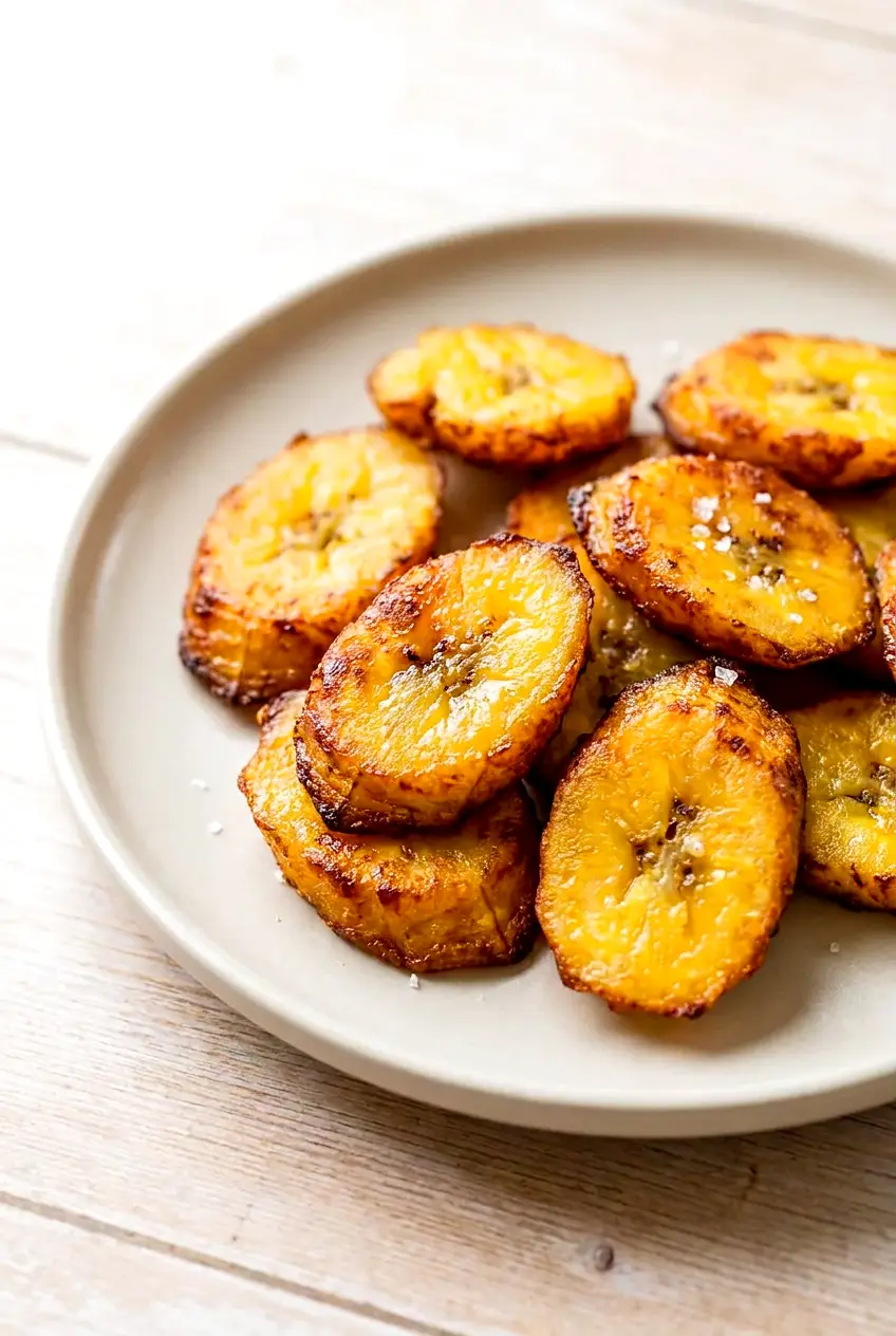 Plated air fryer plantains with caramelized edges and a soft golden center on a neutral plate