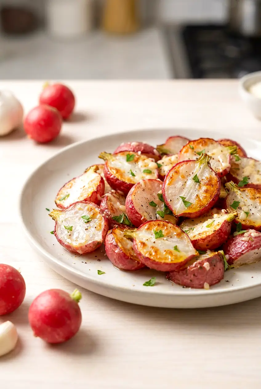 Air fryer radishes served on a plate with browned edges and garlic seasoning