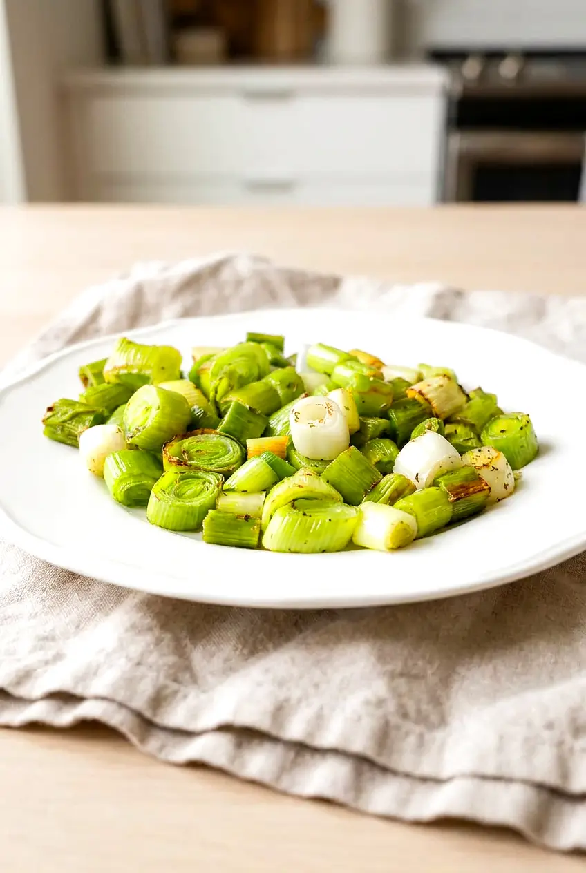 Air fryer leeks plated on a white dish with lightly browned edges and simple seasoning