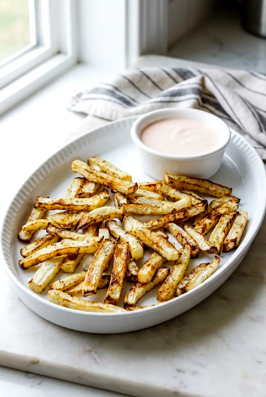 Air fryer turnips on a serving platter with Utah fry sauce for dipping