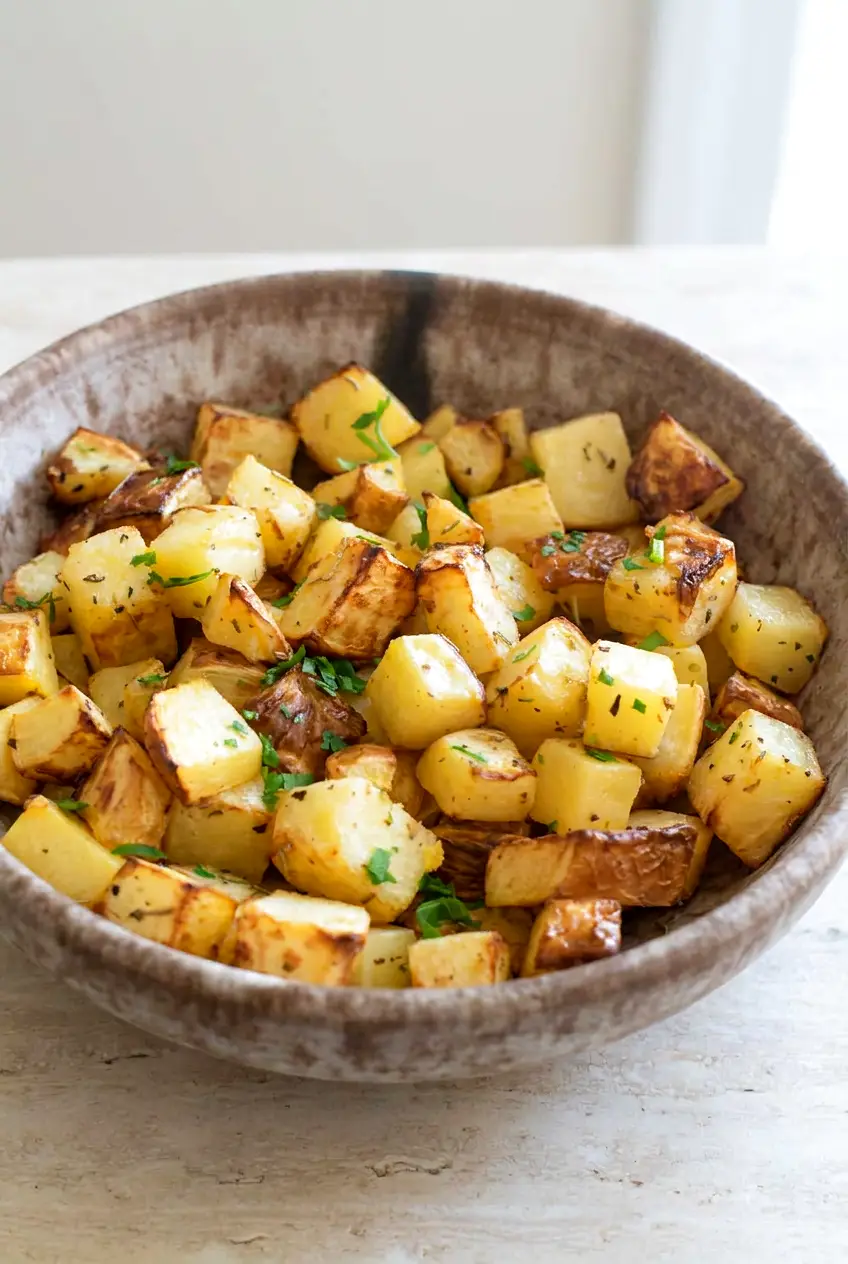 Air fryer rutabaga cubes served in a large bowl with parsley garnish