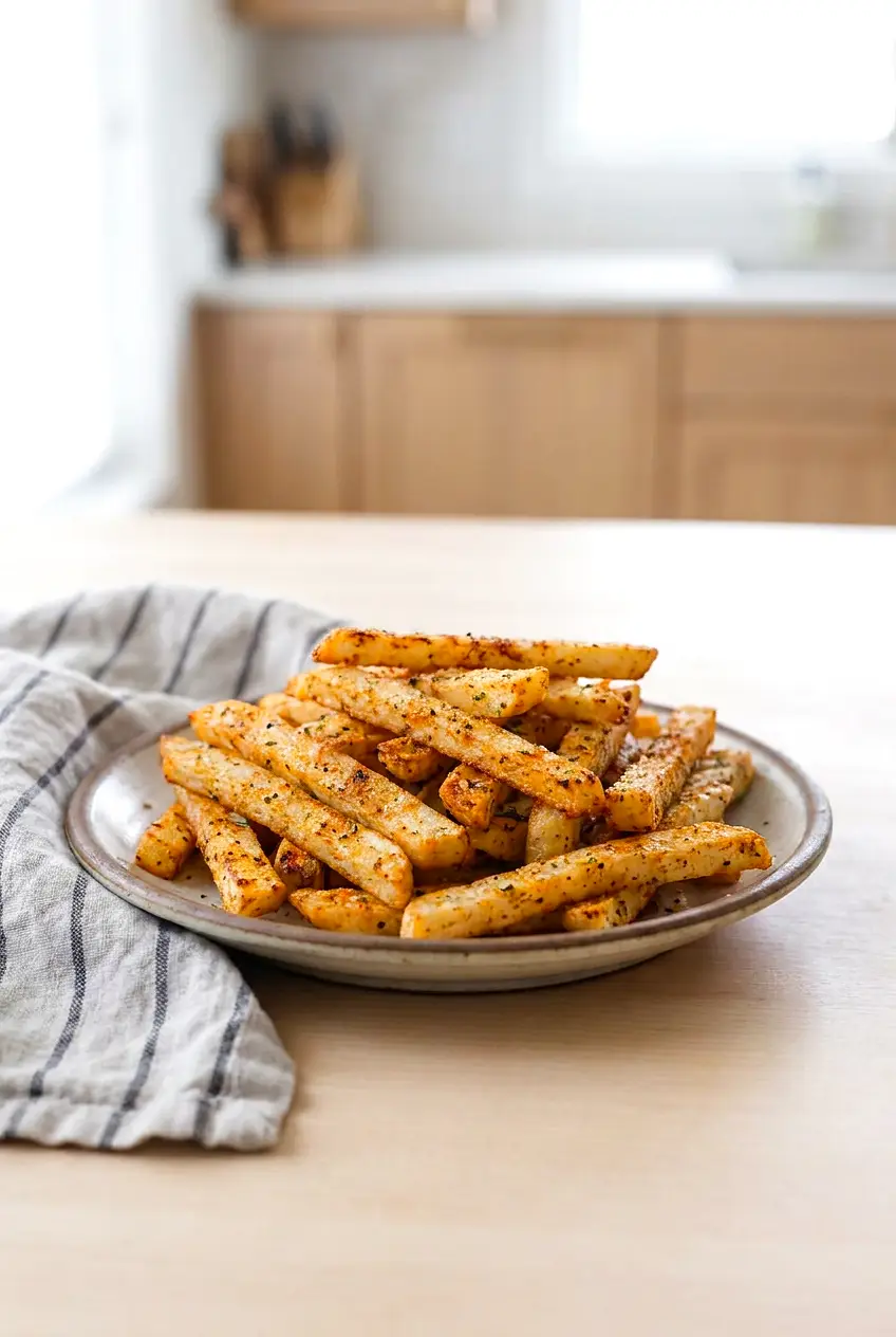 Air fryer jicama fries served on a plate with browned edges and Parmesan seasoning
