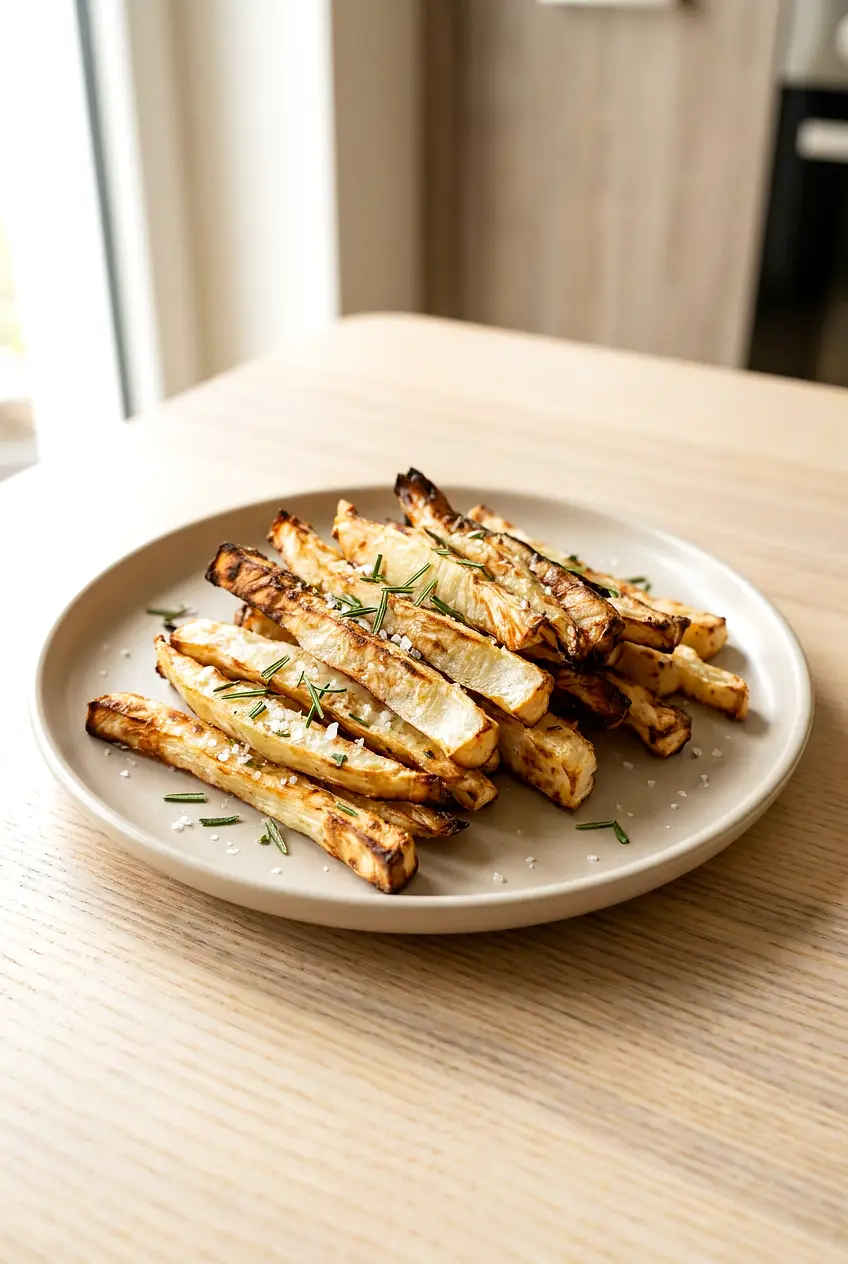 Air fryer celeriac fries on a plate with browned edges and rosemary garnish