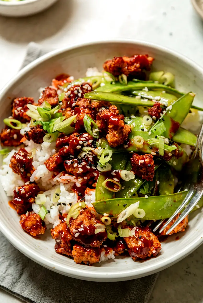 Overhead bowl of air fryer tempeh, snow peas, and rice with gochujang glaze, green onions, and sesame seeds