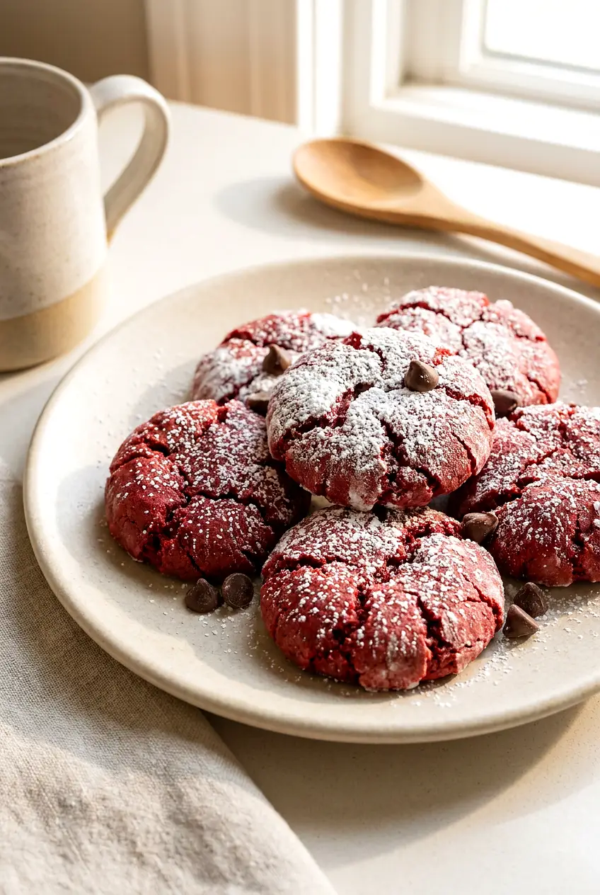 Air Fryer red velvet cake mix cookies dusted with powdered sugar on a plate