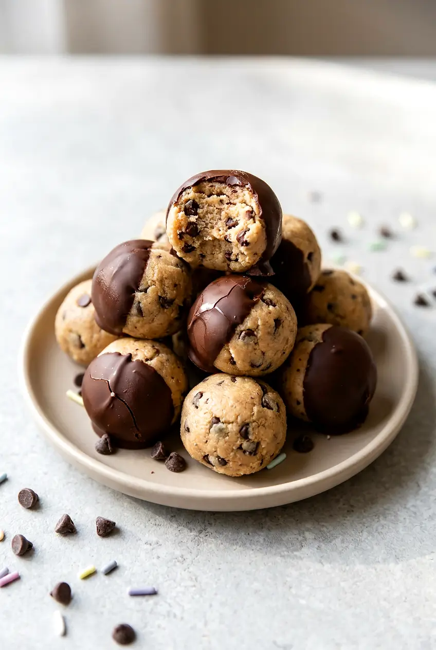 Air fryer cookie dough bites served on a plate with chocolate chips and a glossy chocolate coating