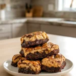 Air fryer brookies cut into squares on a plate with fudgy layers and chocolate chips