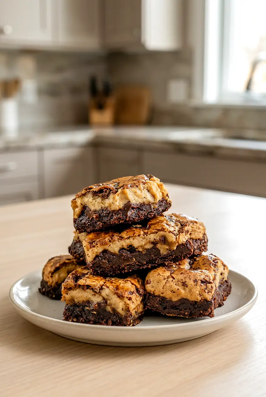 Air fryer brookies cut into squares on a plate with fudgy layers and chocolate chips