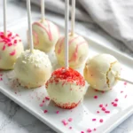 Air fryer mini cake pops on a serving tray with candy coating and colorful sprinkles