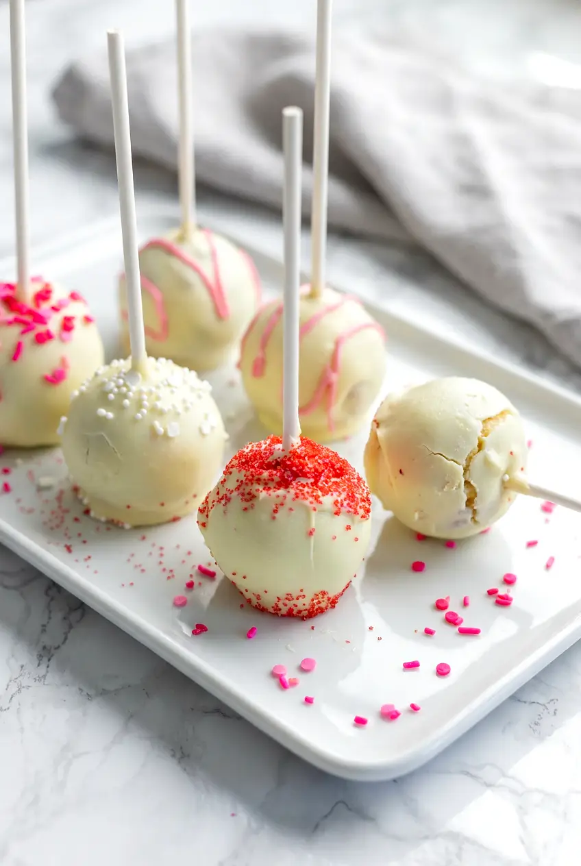 Air fryer mini cake pops on a serving tray with candy coating and colorful sprinkles