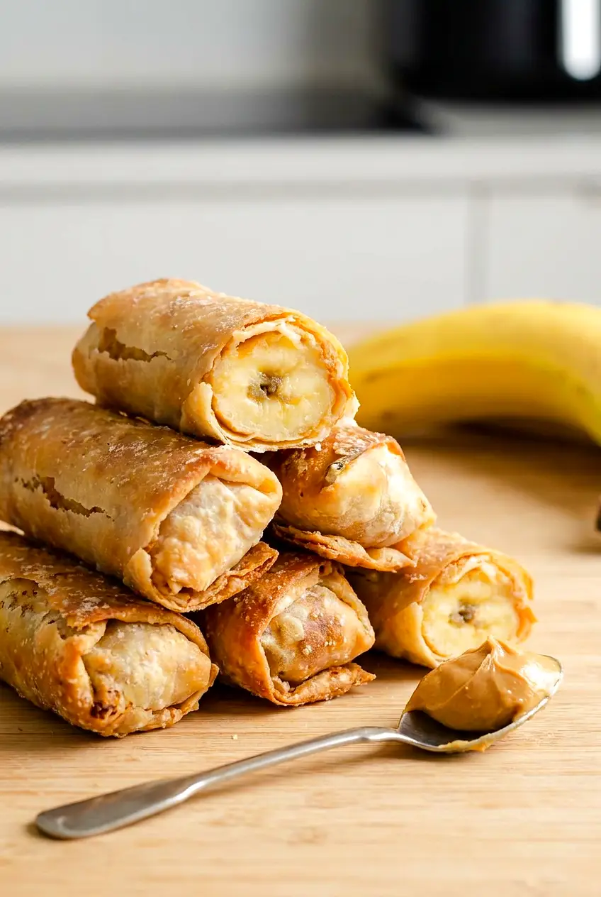 Air fryer peanut butter banana egg rolls stacked on a wood table with a spoonful of peanut butter