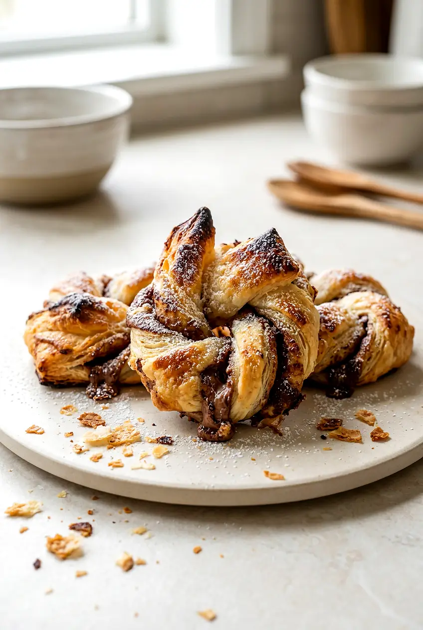 Air fryer chocolate pastry knots dusted with powdered sugar on a plate