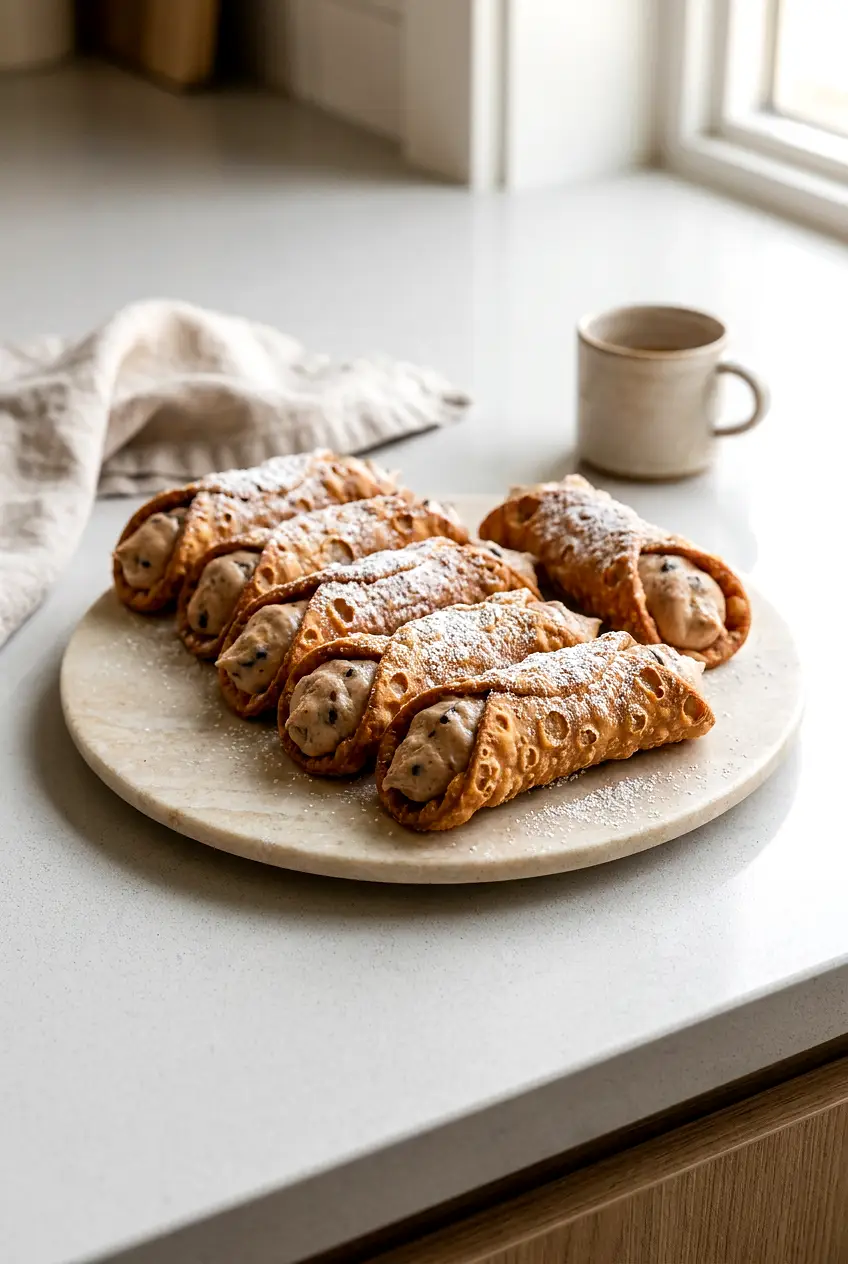 Air fryer cannoli dusted with powdered sugar and filled with ricotta cream and chocolate chips on a serving plate