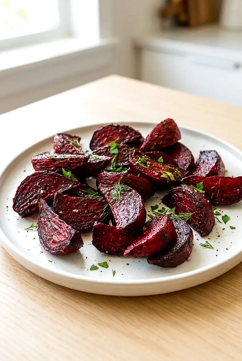 Air fryer beets on a plate with browned edges and fresh herbs