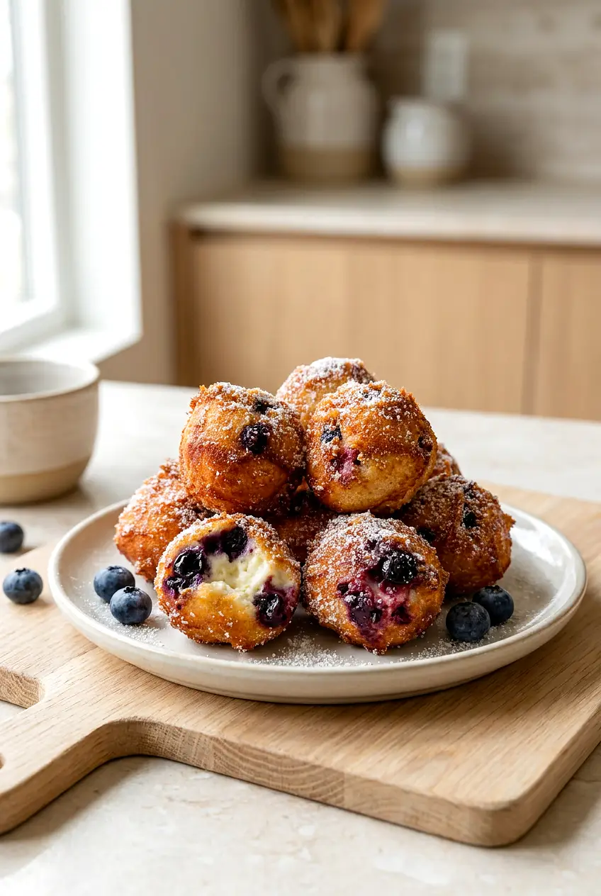 Air Fryer Blueberry Cottage Cheese Donut Holes dusted with powdered sugar on a neutral plate