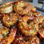 Close-up of air fryer garlic Parmesan shrimp with browned cheese, garlic, and chopped parsley.