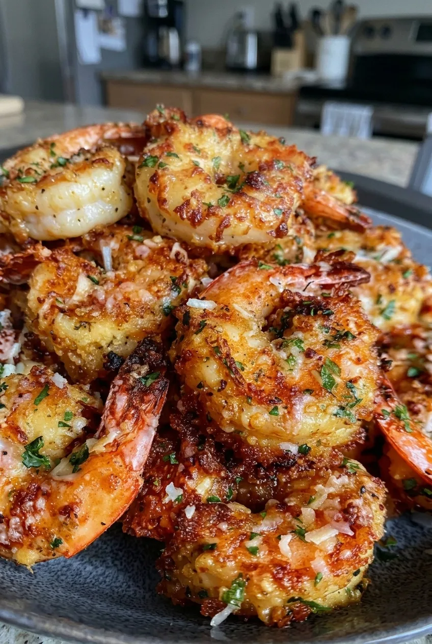 Close-up of air fryer garlic Parmesan shrimp with browned cheese, garlic, and chopped parsley.