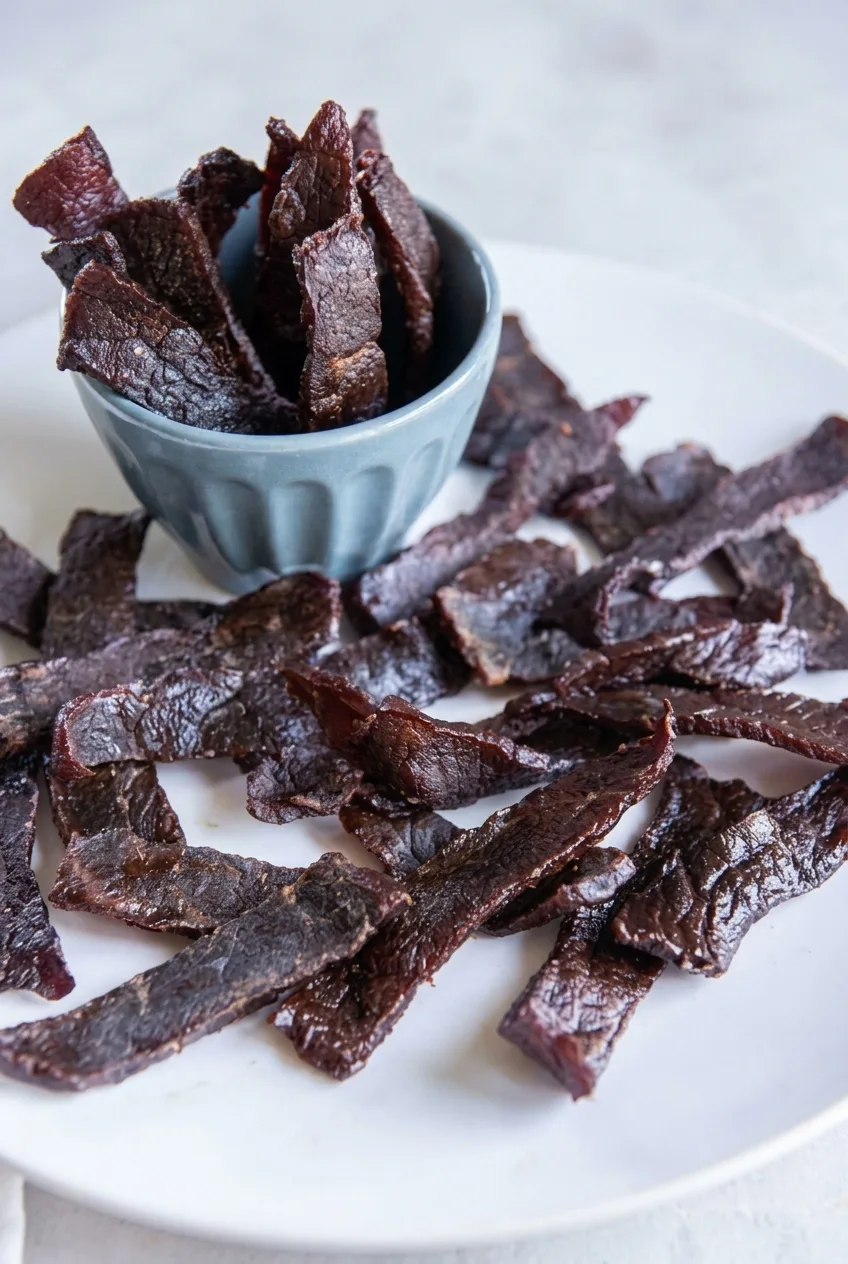 Air fryer beef jerky with dark, wrinkled marinated beef strips on a white plate and in a small blue bowl.