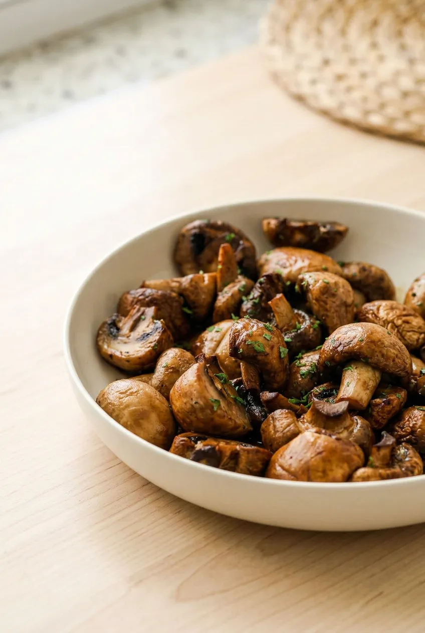 Air fryer garlic mushrooms browned in spots and tossed with garlic butter and chopped parsley in a shallow bowl.