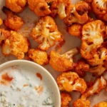 Buffalo cauliflower with browned orange sauce-coated florets on parchment beside a bowl of blue cheese dip.