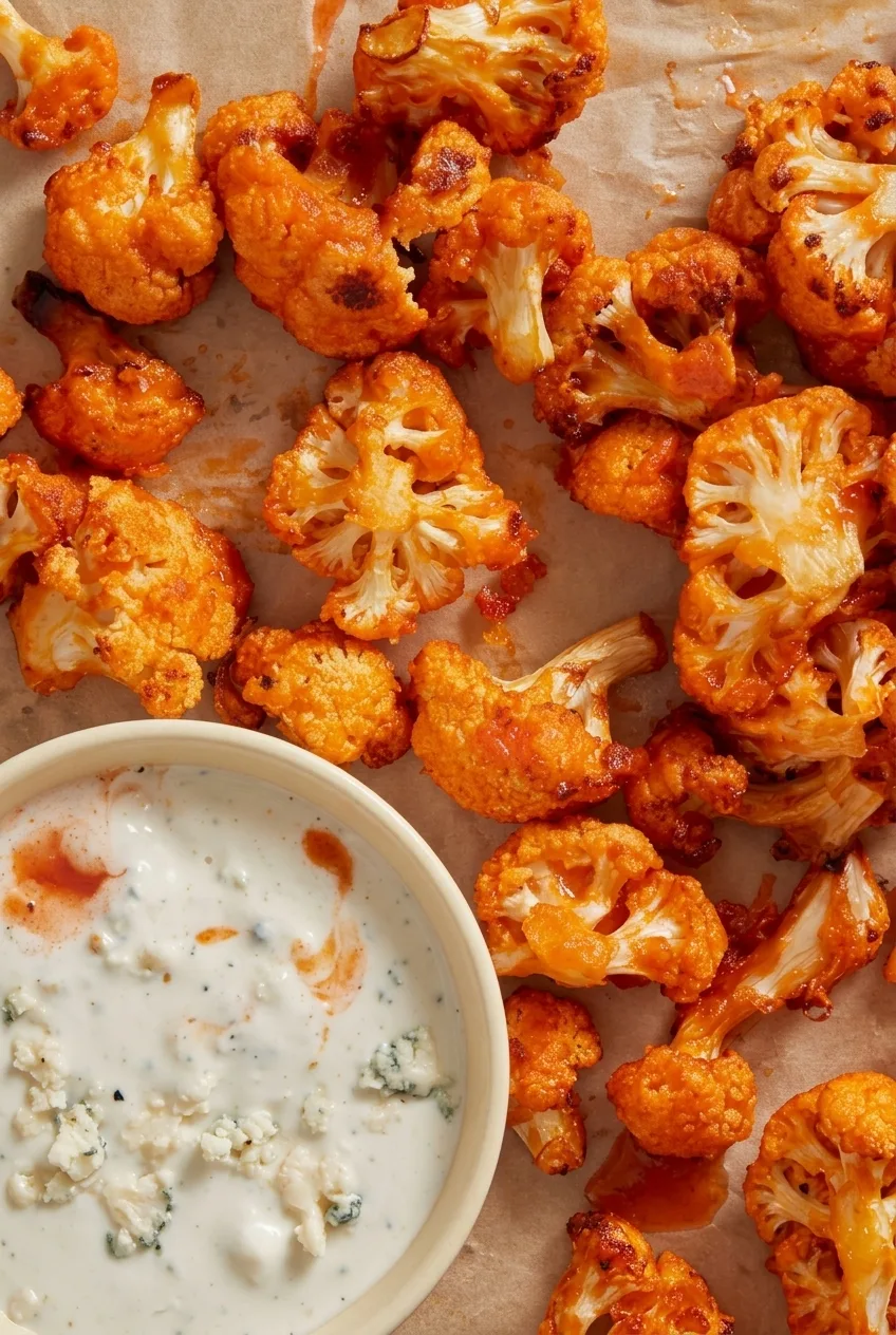 Buffalo cauliflower with browned orange sauce-coated florets on parchment beside a bowl of blue cheese dip.