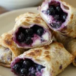 Powdered sugar-dusted blueberry cream cheese egg rolls cut open to show creamy filling and juicy blueberries.