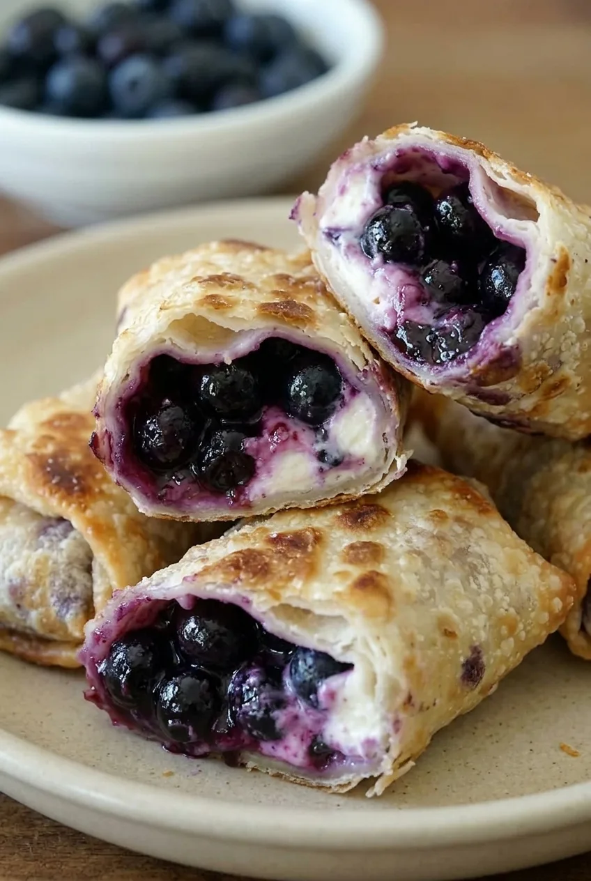 Powdered sugar-dusted blueberry cream cheese egg rolls cut open to show creamy filling and juicy blueberries.