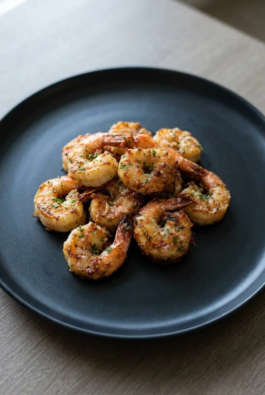 Overhead plate of air fryer garlic Parmesan shrimp with irregular browned Parmesan coating and parsley.